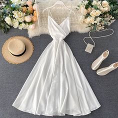 V Neck Spaghetti Strap Backless Dress    Size(cm)   Bust   Sleeve   Waist   Length     Free   85   /   60-70   134 White Halter Dress, Satin Evening Dresses, Childrens Dress, Vestidos Vintage, Elegant Dresses Long, Women Long Dresses, Party Dress Long, Spaghetti Strap Dresses, Long Maxi Dress