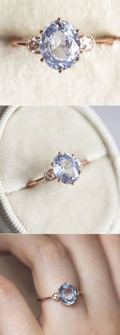 three different views of an engagement ring with blue and white diamonds on it, including the center