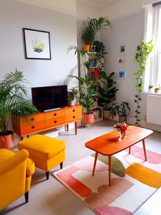 a living room filled with furniture and plants