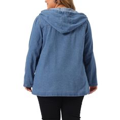 The Plus Size Layered Drawstring Hood for Women Denim Jacket is a stylish and versatile outerwear piece that combines comfort and fashion. The design of this jacket includes a drawstring hood, which adds a trendy and functional element to the overall look. The chest decor pockets and slant cargo pockets further enhance the uniqueness of this jacket, providing ample storage space for essentials. The jacket's knitted denim fabric adds warmth and comfort, making it suitable for cooler temperatures. Trendy Hooded Outerwear In Medium Wash, Relaxed Fit Casual Hooded Jacket For Spring, Trendy Medium Wash Hooded Outerwear, Denim Long Sleeve Hooded Jacket For Spring, Hooded Denim Blue Outerwear For Fall, Blue Relaxed Fit Outerwear With Drawstring Hood, Casual Denim Hooded Jacket For Fall, Casual Hooded Outerwear In Medium Wash, Spring Outerwear With Drawstring Hood And Relaxed Fit