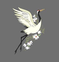 two white cranes flying over flowers on a gray background with the words love written below it