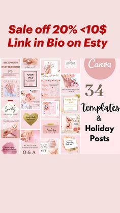 a collage of pink and white images with text that reads,'34 templates & holiday posts