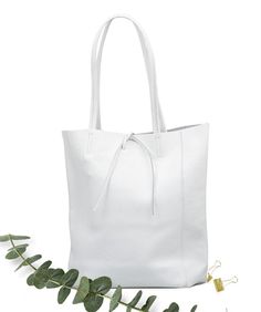 White Soft Leather Shoulder Bag With Double Handle, Everyday White Shoulder Bag With Leather Handles, White Bags With Leather Handles For Gift, White Leather Bags For Daily Use, White Tote Shoulder Bag, White Leather Bags For Gift, White Soft Leather Shopping Bag, White Soft Leather Shoulder Bag For Daily Use, Everyday White Leather Shoulder Bag