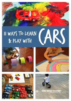 children playing with cars and toys in the playroom, while text reads 11 ways to learn & play with cars