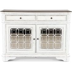 an old white cabinet with glass doors on the front and bottom, against a white background