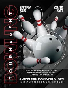 a bowling party flyer with pins and ball