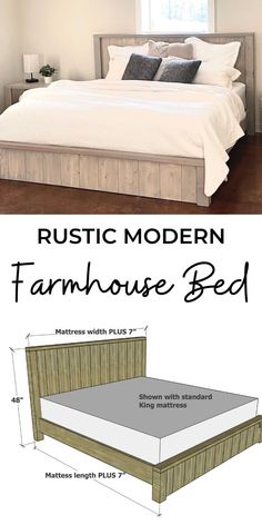 the plans for a rustic modern farmhouse bed are shown in two different sizes and colors