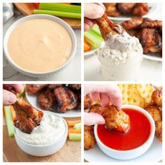 four pictures showing different types of food and dipping sauces in bowls, chicken wings on skewers, celery sticks with dip