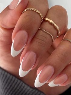 French Tip Nails Different Shapes, Nail Ideas Medium Almond, Deep Almond French Tips, Almond French Tip Nails Summer, Nail French Tip Almond, French Nail Designs White, Summer Nail Inspo Almond French Tip, Medium Almond French Tip Nails, French Tips With Design Almond