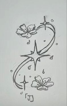 a drawing of a heart with flowers and stars on it's side, in the shape of a star