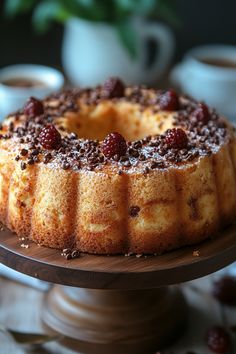 a cake that is sitting on top of a wooden platter with raspberries