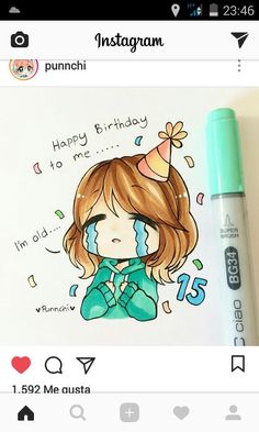 a drawing of a girl with a birthday hat on her head and the caption instagram