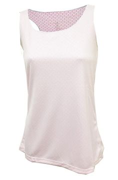 a women's white tank top with pink trimmings on the neck and bottom