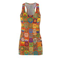 Spread peace wearing the vintage style Square Peace Signs  racerback sleeveless dress. Made of a quality light-weight T-shirt material, this artist print design dress is feminine and stylish, while really comfortable. This racerback dress is appealing from every angle. All the differently designed square peace signs together create a warm comforting quilt look referencing flower power era patchwork dresses.  Inspired by peace, it will instantly become a favorite. Step out in style and comfort for a party, night out, market run, or any occasion. Groovy Peace designs feel the vibe of the 1960's and early 1970's pulling from the flower power design aesthetics.   The sixties and seventies included many who openly spread peace.  In that era, people in person and on television could be seen flas Fitted Patchwork Tank Top For Summer, Multicolor Fitted Retro Tank Top, Retro Multicolor Tank Top, Retro Fitted Racerback Tank Top, Retro Racerback Tank Top With Graphic Print, Fitted Multicolor Racerback Tank Top, Retro Sleeveless Dress With Graphic Print, Retro Fitted Sleeveless Tank Top, Fitted Retro Sleeveless Tank Top