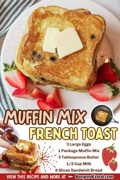 a poster for muffin mix french toast with strawberries and butter on it,