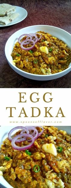 egg tadka served in a white bowl with onions