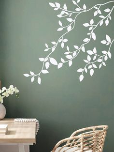 Leaf Pattern Wall Sticker - Home Stickers Wall Paint Sticker Designs, Wall Drow Ideas, Leaf Wall Painting Ideas, Wall Painting Leaves, Simple Wall Painting Ideas Bedrooms, Leaf Painting On Wall, Plant Mural Wall, Leaf Wall Painting, Nature Wall Painting