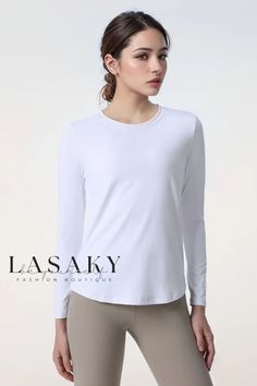 Lasaky - Elevate Your Workout with our Autumn Yoga Loose-Fit Breathable Round Neck Sweater: Long Sleeve Activewear T-Shirt Versatile White Crew Neck Top, Basic Stretch Long Sleeve Activewear, Basic Long Sleeve Stretch Activewear, Basic Crew Neck Yoga Top, Casual Long Sleeve Yoga Tops, Versatile Long Sleeve Moisture-wicking Top, Relaxed Fit Long Sleeve T-shirt For Gym, Basic Long Sleeve Sports Tops, Long Sleeve Relaxed Fit T-shirt For Gym