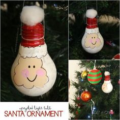 ornaments are hanging from the christmas tree and decorated with santa's helper ornament