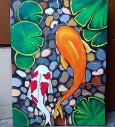 a painting of a koi fish and lily pads