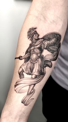 Rennaissance Art Tattoos, Achille Tattoo, Consistency Tattoo Ideas, Achilles Tattoo Greek, Greek Soldier Tattoo, Strong Tattoos Men, Greek Themed Tattoos, Greek Warrior Tattoo, Greek God Tattoos