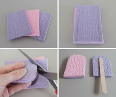 four pictures showing how to make felt coasters