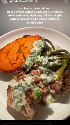 a white plate topped with meat and veggies next to a baked sweet potato