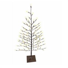 a small christmas tree with white lights on it's branches and brown square base