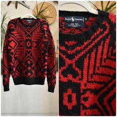 "1980s Ralph Lauren 100% wool high contrast red and black geometric AOP hand knit pullover preppy sweater. AMAZING. Heavy, warm, WELL MADE. Little bit of loose threads on one cuff, pictured. Slightly oversized fit, perfect for layering. Fits like a mens med Shoulders 23\" Chest 42-44\" Sleeve 27.5\" Length 28\" Bottom Hem 34-40\"" Vintage Red Sweater For Winter, Red Vintage Sweater For Winter, Black Wool Sweater With Fair Isle Pattern, Black Vintage Sweater With Fair Isle Pattern, Retro Black Sweater With Fair Isle Pattern, 80s Ralph Lauren, Layering Fits, Preppy Pullover, Geometric Knit