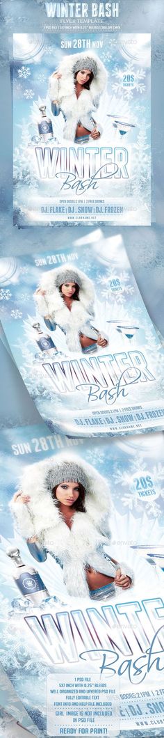 the poster for winter bash is shown in three different colors and sizes, including white