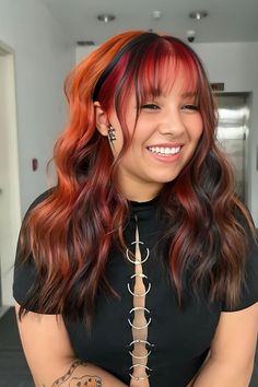 Black, Red, And Copper Hair Red And Black Hair Ideas, Black Hair Ideas, Peach Hair Colors, Color Block Hair, Chocolate Brown Hair Color, Peach Hair, Edgy Hair, Hair Color And Cut, Hair Dye Colors