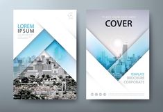 two brochure covers with cityscape in the background