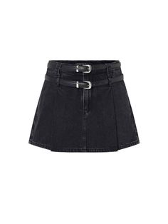 MO&Co. Women's Include Belt Pleated Skirt Make a stand out with the denim skirt. Crafted from pure cotton, the low-waist design with double belt detail adds a touch of edgy chic to your wardrobe. Show your style with the delicate pleated details to create a unique look when paired with a slim-fit knitted top. Features : - Include belts- Pleated design- Mini length skirt with inner shorts Code: MBC3SKT039The back length of size S is 33cmMATERIALS & CARE Material: 100% CottonPlease remove accessor Black Denim Pleated Skirt, Skirt Denim, Denim Pleated Skirt, Hi Fashion, Edgy Chic, Denim Projects, Denim Design, Denim Mini Skirt, Cute Skirts