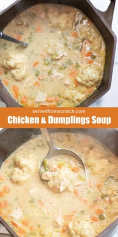 chicken and dumplings soup in a cast iron skillet with a ladle scooping out