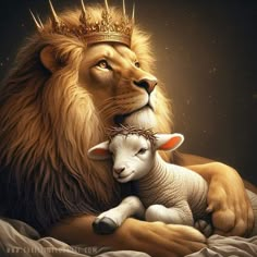 a lion with a crown sitting next to a lamb