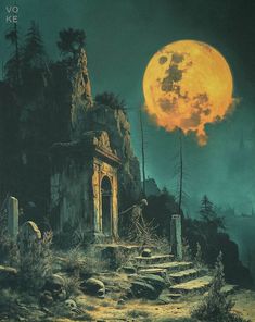 a painting of a full moon in the sky over a rocky landscape with ruins and trees