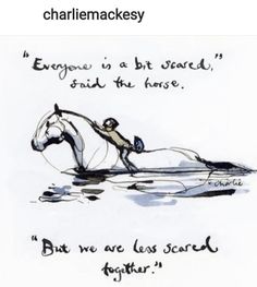 a drawing of a person on a horse with a caption that reads, everyone is a bit scared, even the horse can't - but we are less scared together