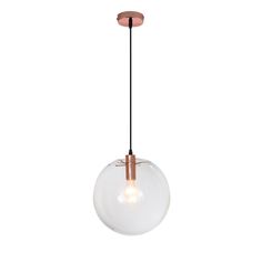 a small glass ball light hanging from a ceiling fixture with copper accents and a black cord