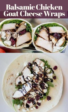 two images showing different types of wraps with meat and cheese on them, including chicken