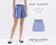 Simple shorts sewing pattern for beginners. These shorts are high waisted, they have relaxed fit with slightly dropped crotch, spacious side pockets and elastic waistband. Approximate inseam is 5" or 12.7 cm. You can use many different fabrics for this pattern, I recommend using cotton poplin, linen, organic cotton for best results. Instructions are in English. PDF digital sewing patterns available instantly. BOAT SHORTS SEWING PATTERN PREVIEW: - Size: XS-4XL - Print Size: A4 / US Letter / A0  - Tools: Regular Sewing Machine, Serger Sewing Machine (optional) - Materials: Non Stretch Fabric (cotton, linen, cotton poplin, polyester blends), 2" or 5 cm Wide Elastic - Seam Allowance: Included - Skill Levels: Beginner  - Instructions: Sewing Guide Is Included If you are shopping for relaxed sho Summer Pants Pattern, Pajamas Shorts Pattern, Fitted Top Pattern, Formal Midi Skirt, Flare Pants Pattern, Sewing Pattern For Beginners, Flare Dress Pattern, Women Pants Pattern, Maxi Skirt Pattern