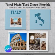 the travel photo book canva template is displayed in front of an italian map and collage