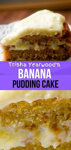 there is a banana pudding cake with white frosting on the top and bottom half