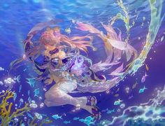 an anime character is swimming in the water