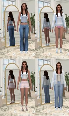 four different images of the same woman in various outfits and clothes, all showing their butts