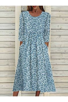 Loose Casual Ditsy Floral Crew Neck Long Sleeve Maxi Dress Summer Dress Floral, Moda Streetwear, Streetwear Mode, Printed Summer Dresses, Trends 2023, Spring Fabric, 2024 Trends, Bhutan, Vanuatu