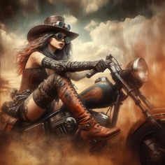 a woman riding on the back of a motorcycle in steampunky clothing and boots