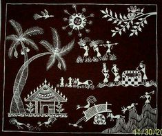 an embroidered cloth with white designs on black and white fabric, depicting native american art