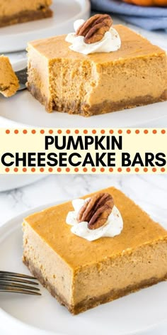 two slices of pumpkin cheesecake bars with whipped cream and pecans in the middle