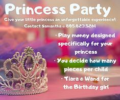 a princess party flyer with a tiara on the table and other toys in the background