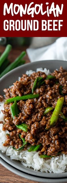 a plate full of ground beef and rice with green beans on the side, along with text overlay